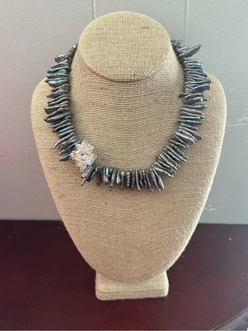 Peacock Keshi Freshwater Pearl Necklace Iridescent Grey Stick Biwa Statement